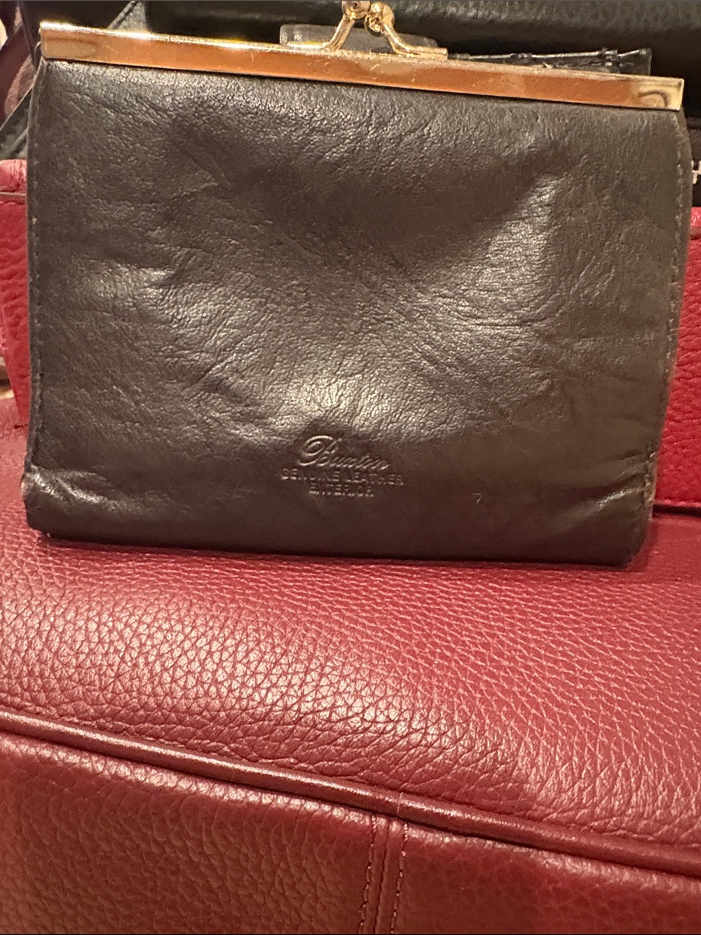 Buxom Black Leather Kiss-Lock Coin Purse with Gold Frame